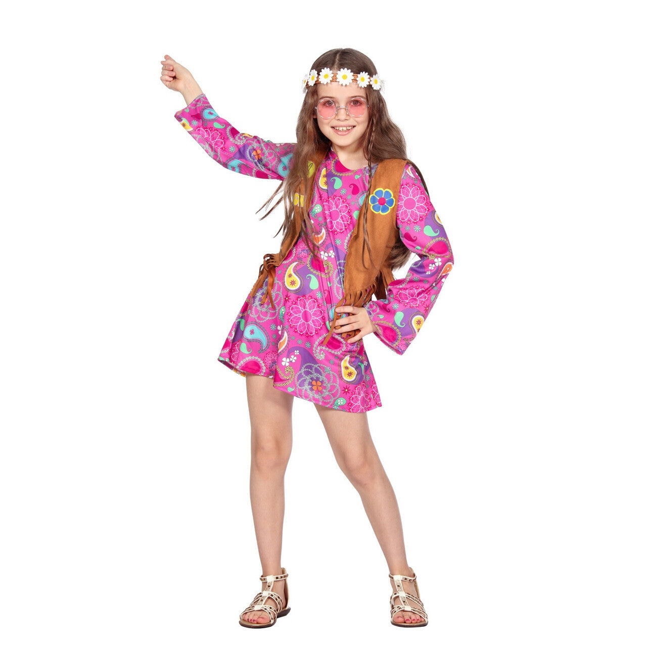 Op deze afbeelding zie je een Kostuums, van het merk Wilbers. Leila Pink Paisley Hippie Meisje Kostuum