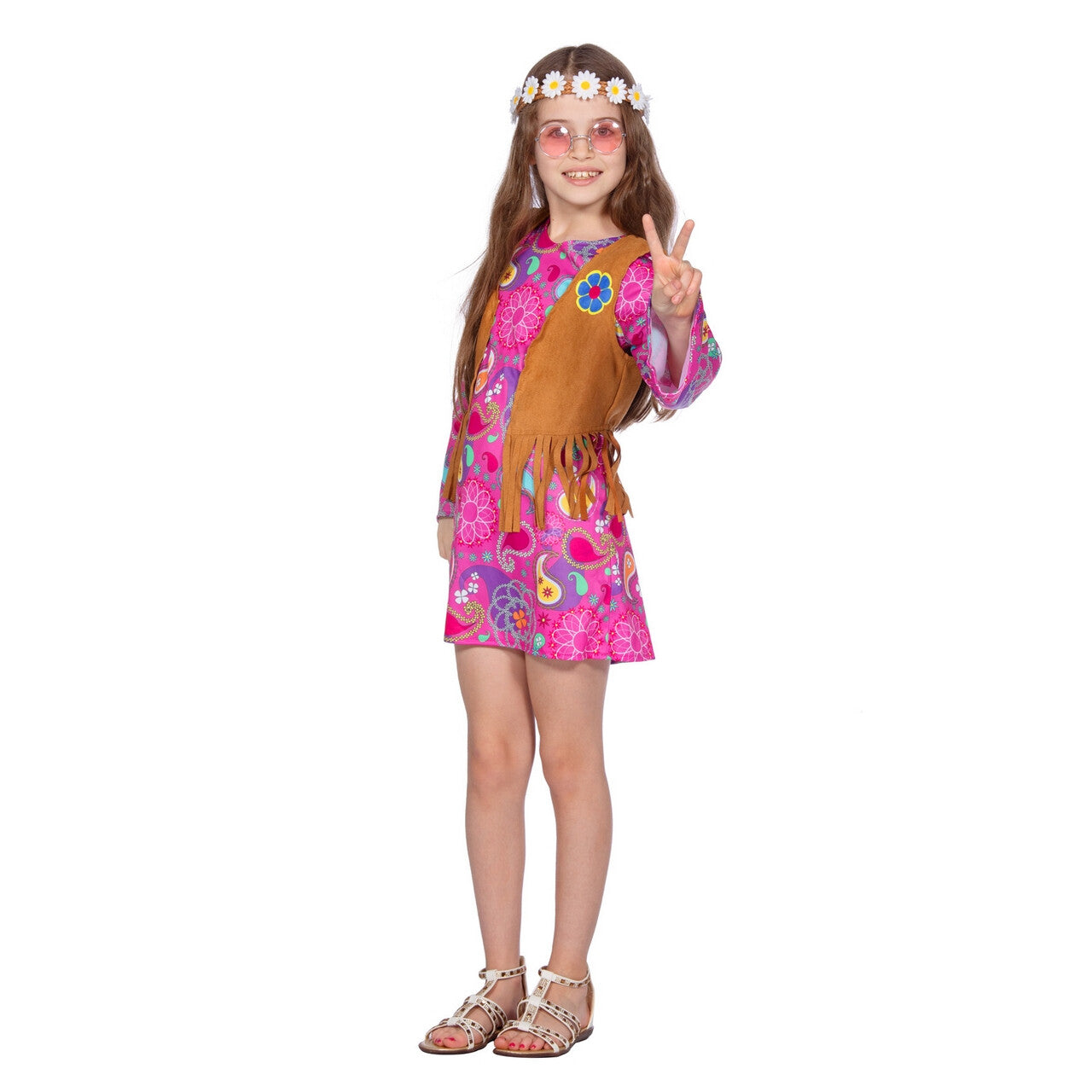 Op deze afbeelding zie je een Kostuums, van het merk Wilbers. Leila Pink Paisley Hippie Meisje Kostuum