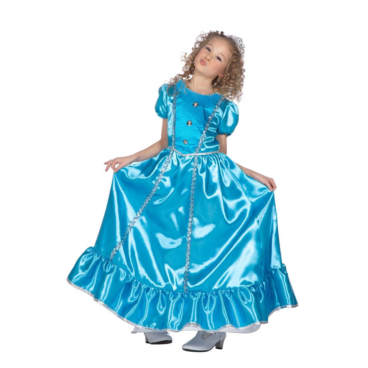 Op deze afbeelding zie je een Kostuums, van het merk Wilbers. Prinses Smaragd Blauw Meisje Kostuum