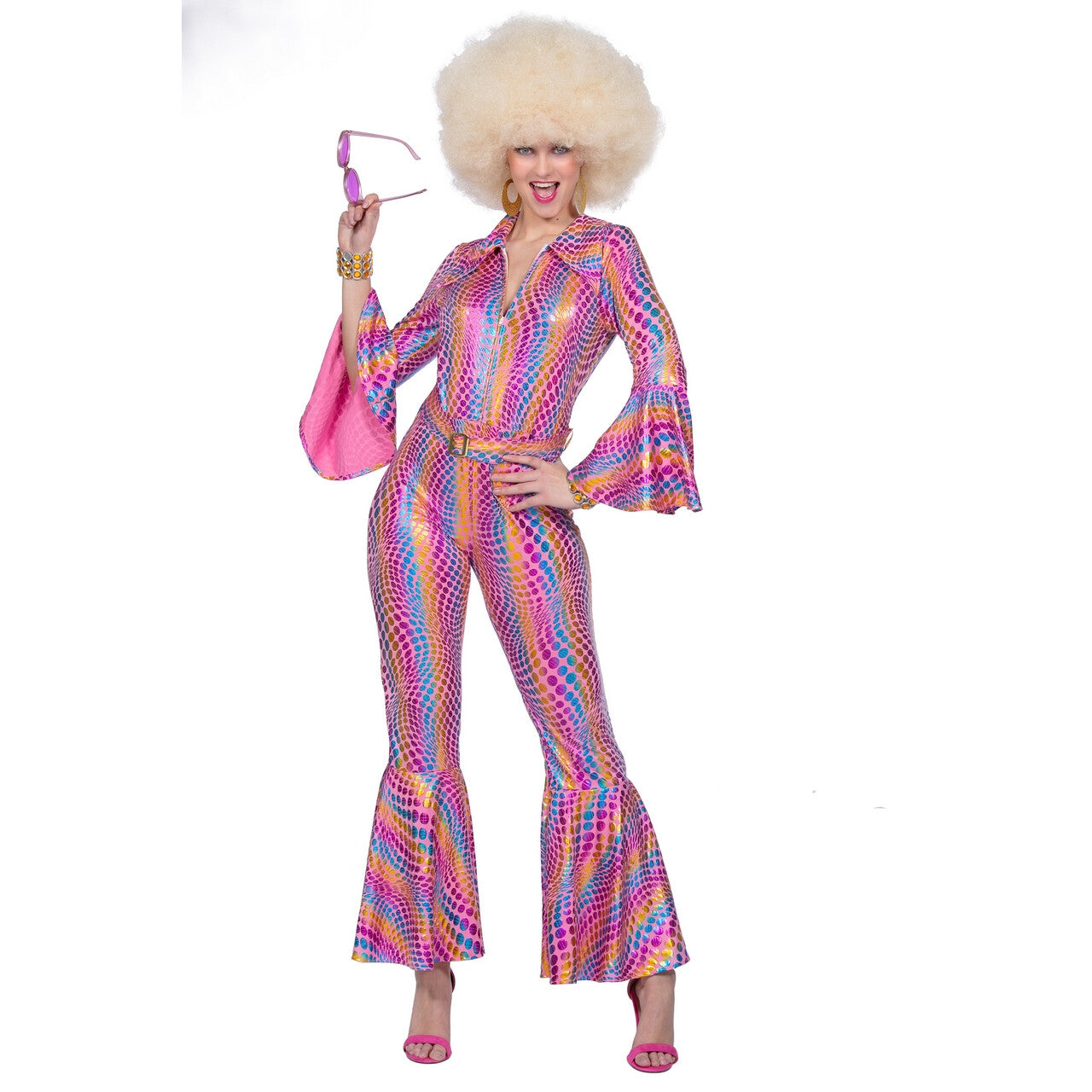 Op deze afbeelding zie je een Kostuums, van het merk Wilbers. Luxe Disco Jaren 70 Roze Regenboog Vrouw Kostuum