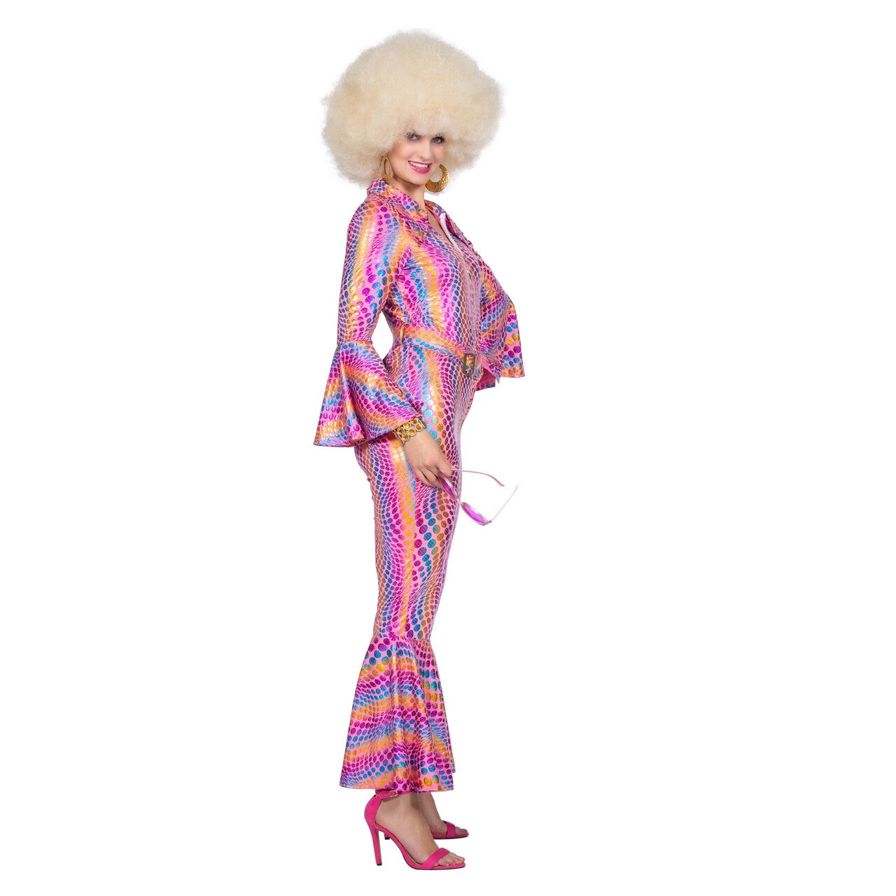 Op deze afbeelding zie je een Kostuums, van het merk Wilbers. Luxe Disco Jaren 70 Roze Regenboog Vrouw Kostuum