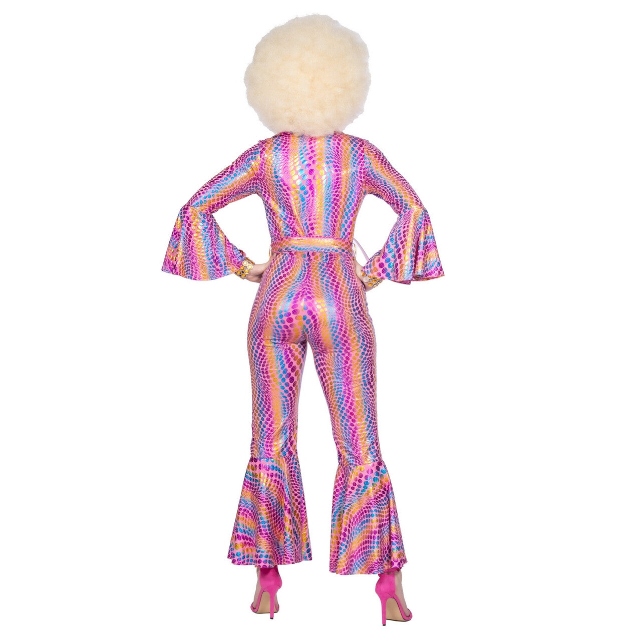 Op deze afbeelding zie je een Kostuums, van het merk Wilbers. Luxe Disco Jaren 70 Roze Regenboog Vrouw Kostuum