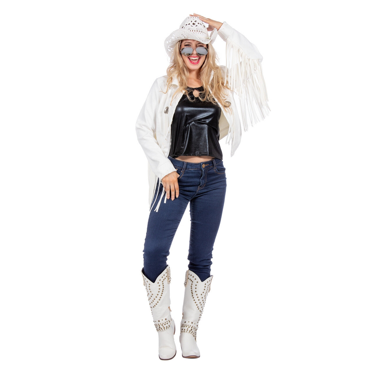 Op deze afbeelding zie je een Kostuums, van het merk Wilbers. Witte Western Franje Jas Rodeo Festival Vrouw
