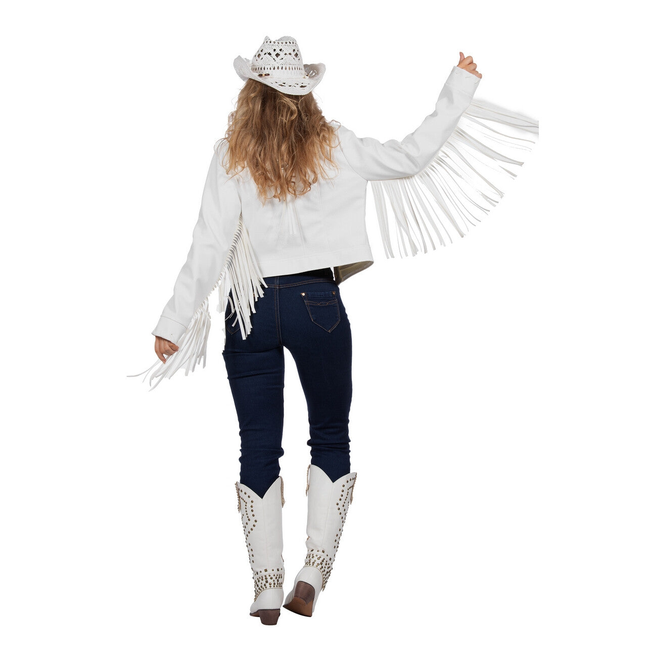 Op deze afbeelding zie je een Kostuums, van het merk Wilbers. Witte Western Franje Jas Rodeo Festival Vrouw