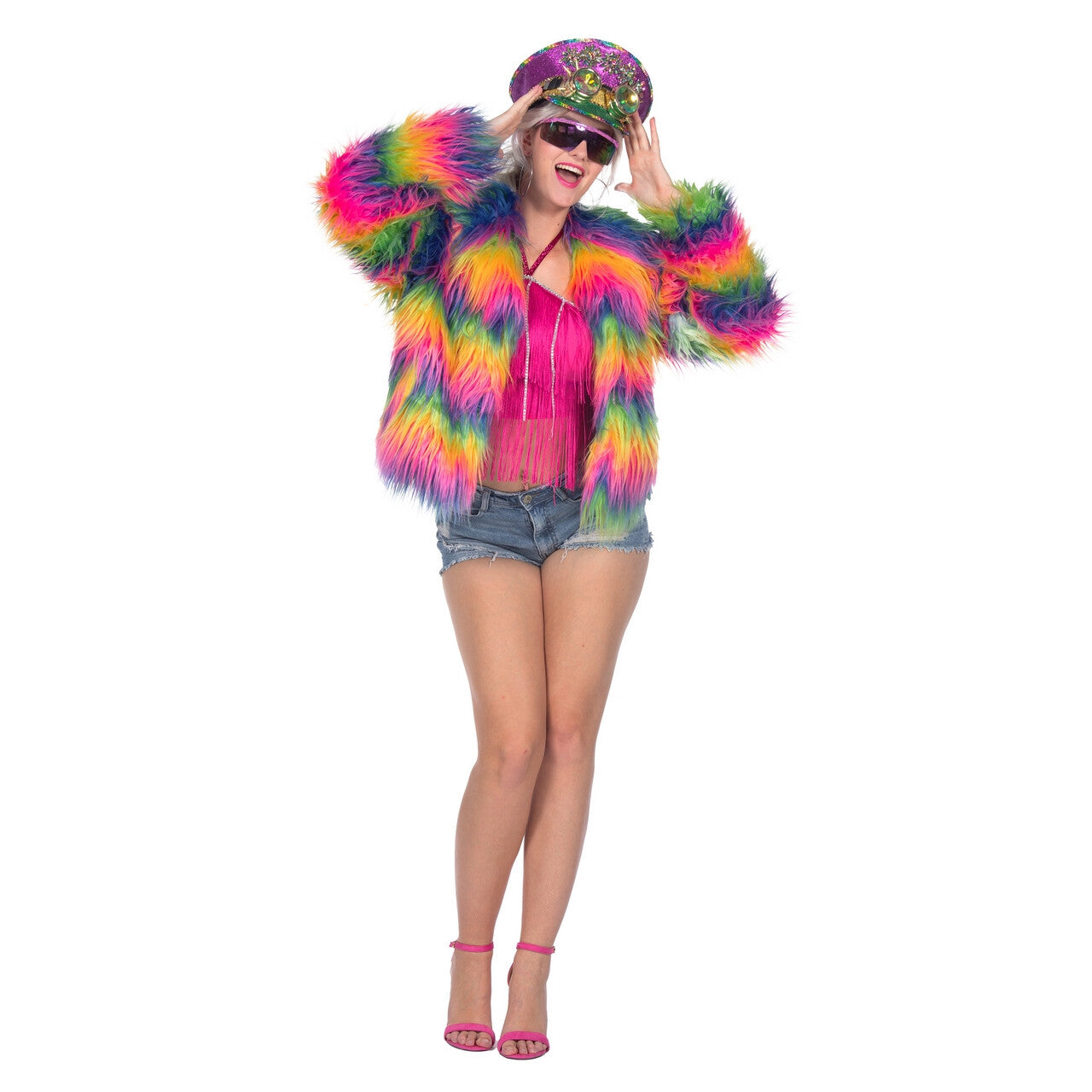Op deze afbeelding zie je een Kostuums, van het merk Wilbers. Regenboog Trots Nepbontjas Vrouw