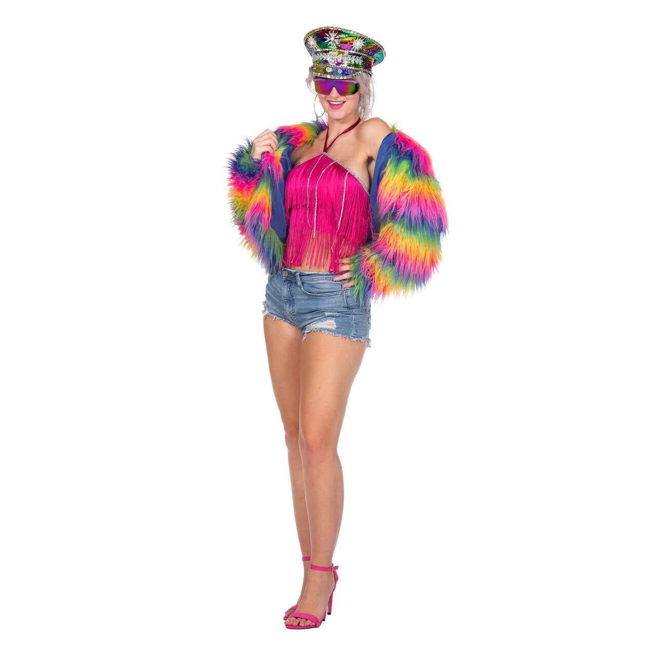 Op deze afbeelding zie je een Kostuums, van het merk Wilbers. Regenboog Trots Nepbontjas Vrouw