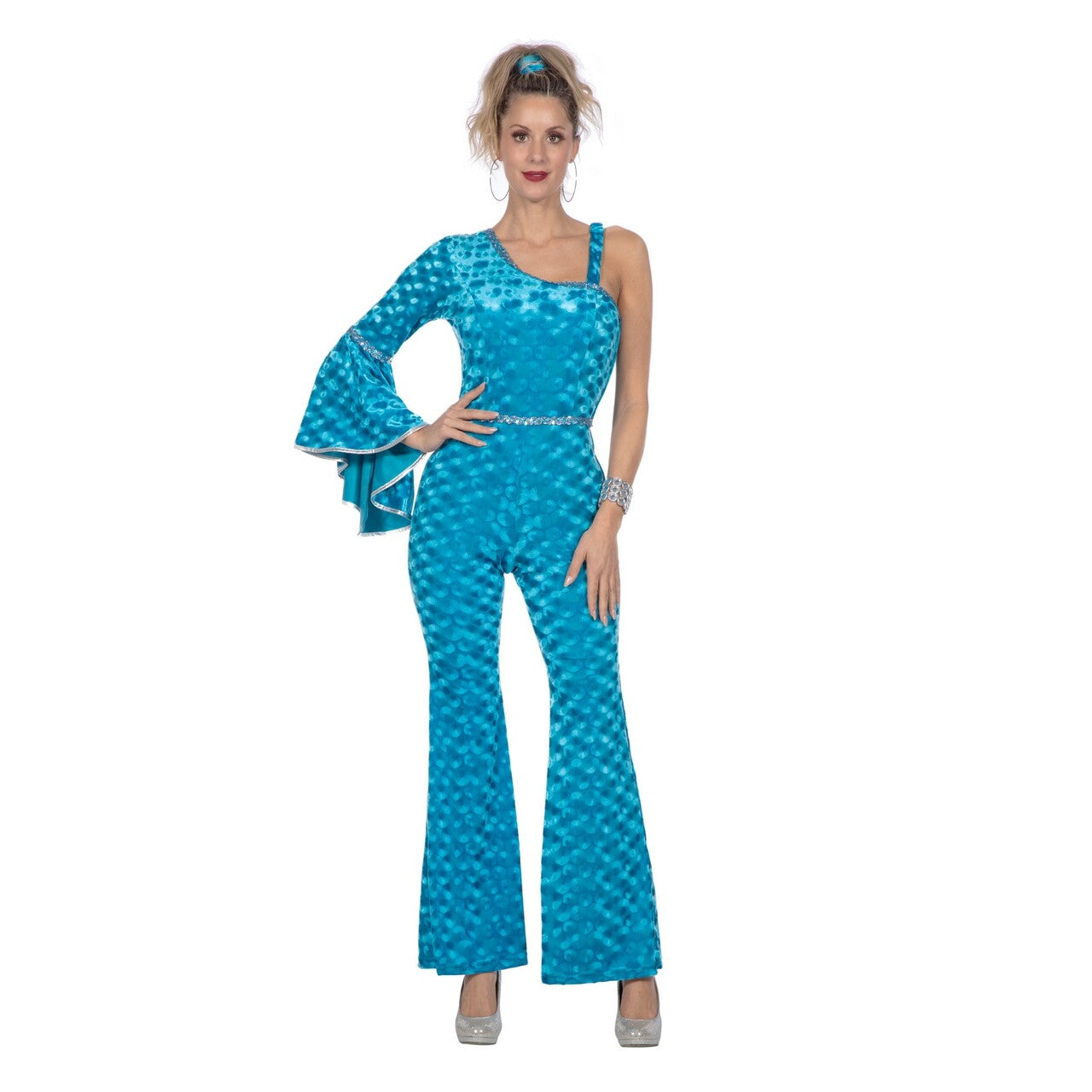 Op deze afbeelding zie je een Kostuums, van het merk Wilbers. Disco Dora Velvet Catsuit Aqua Vrouw Kostuum