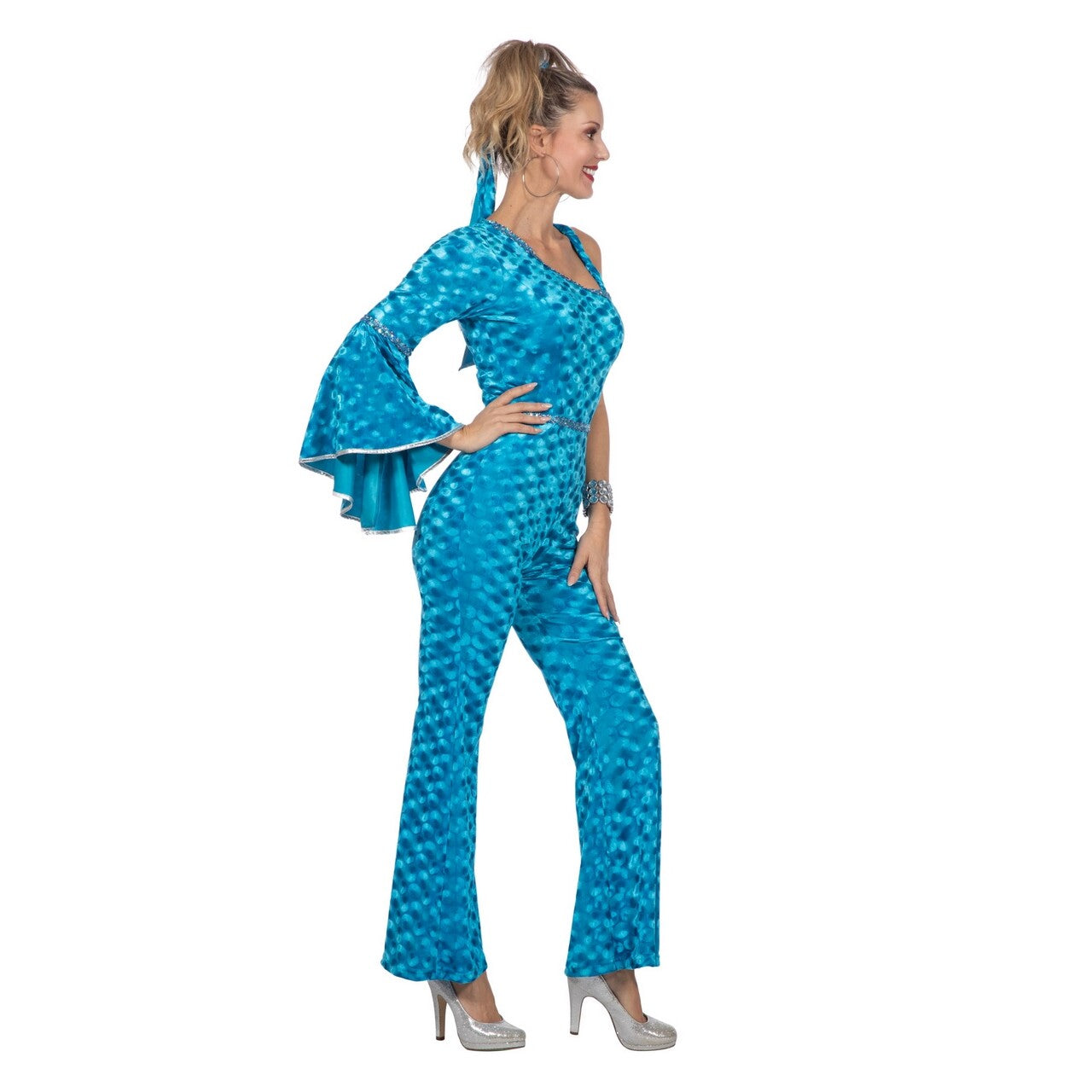 Op deze afbeelding zie je een Kostuums, van het merk Wilbers. Disco Dora Velvet Catsuit Aqua Vrouw Kostuum