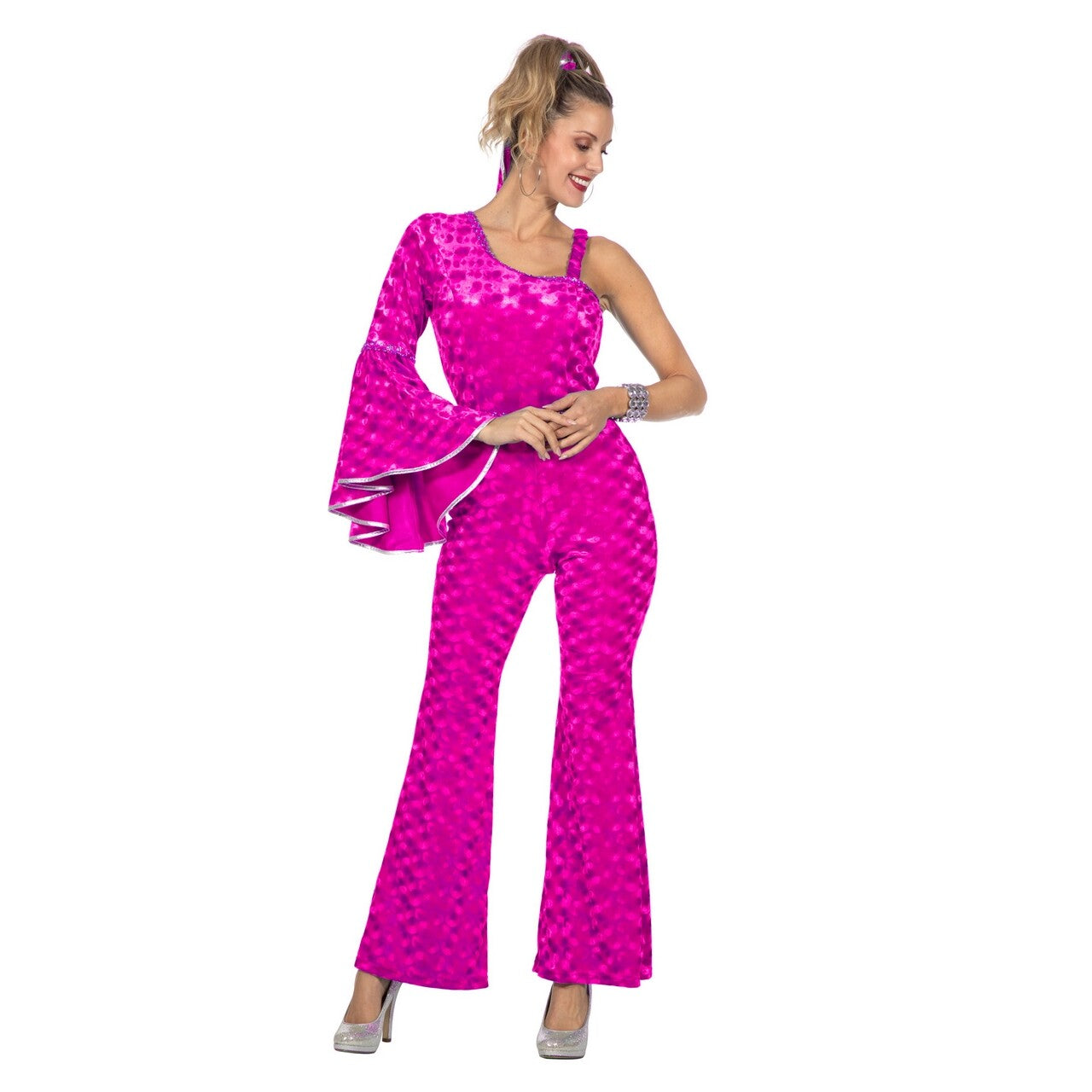 Op deze afbeelding zie je een Kostuums, van het merk Wilbers. Disco Dora Velvet Catsuit Fuchsia Vrouw Kostuum