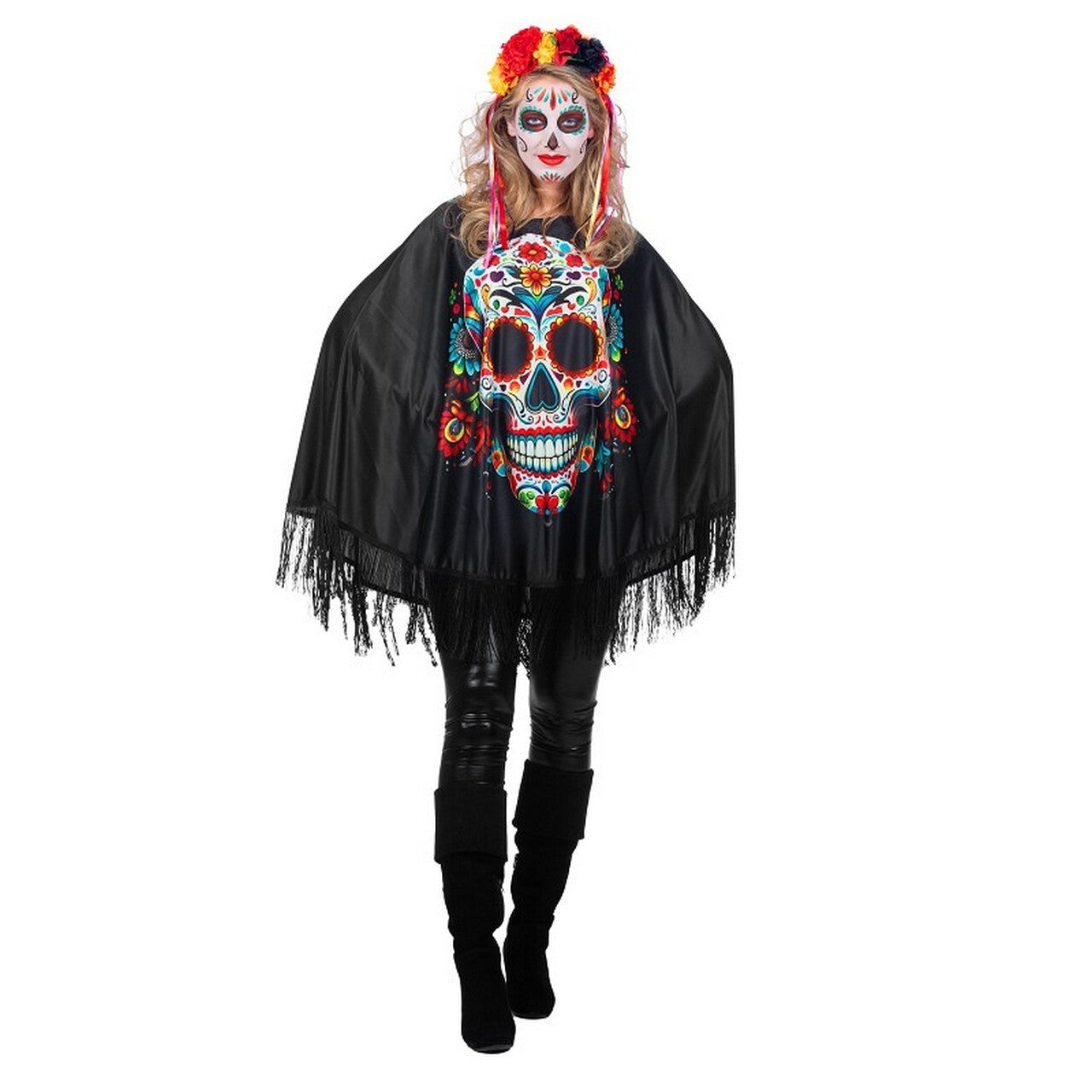 Op deze afbeelding zie je een Kostuums, van het merk Wilbers. Day Of The Dead Poncho Vrouw Kostuum