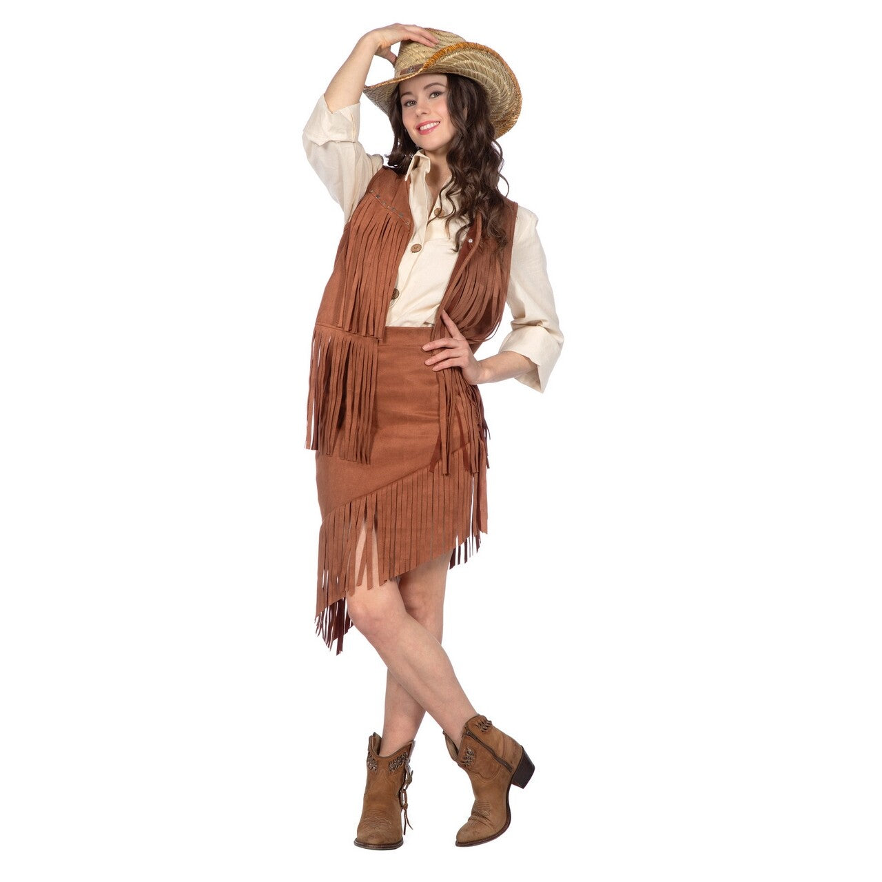Op deze afbeelding zie je een Kostuums, van het merk Wilbers. Howdy Cowgirl Set Bruin Vrouw Kostuum