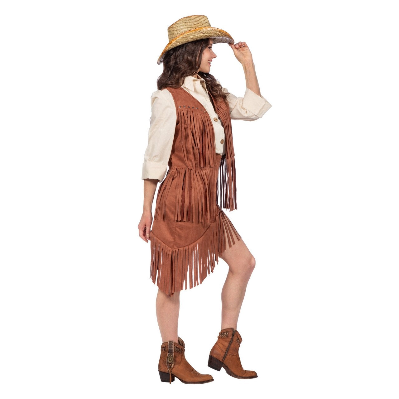 Op deze afbeelding zie je een Kostuums, van het merk Wilbers. Howdy Cowgirl Set Bruin Vrouw Kostuum