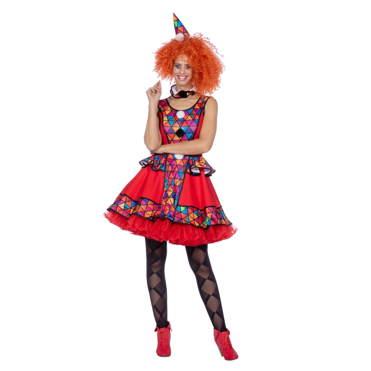 Op deze afbeelding zie je een Kostuums, van het merk Wilbers. Rode Giechel Clown Dames Jurk Vrouw
