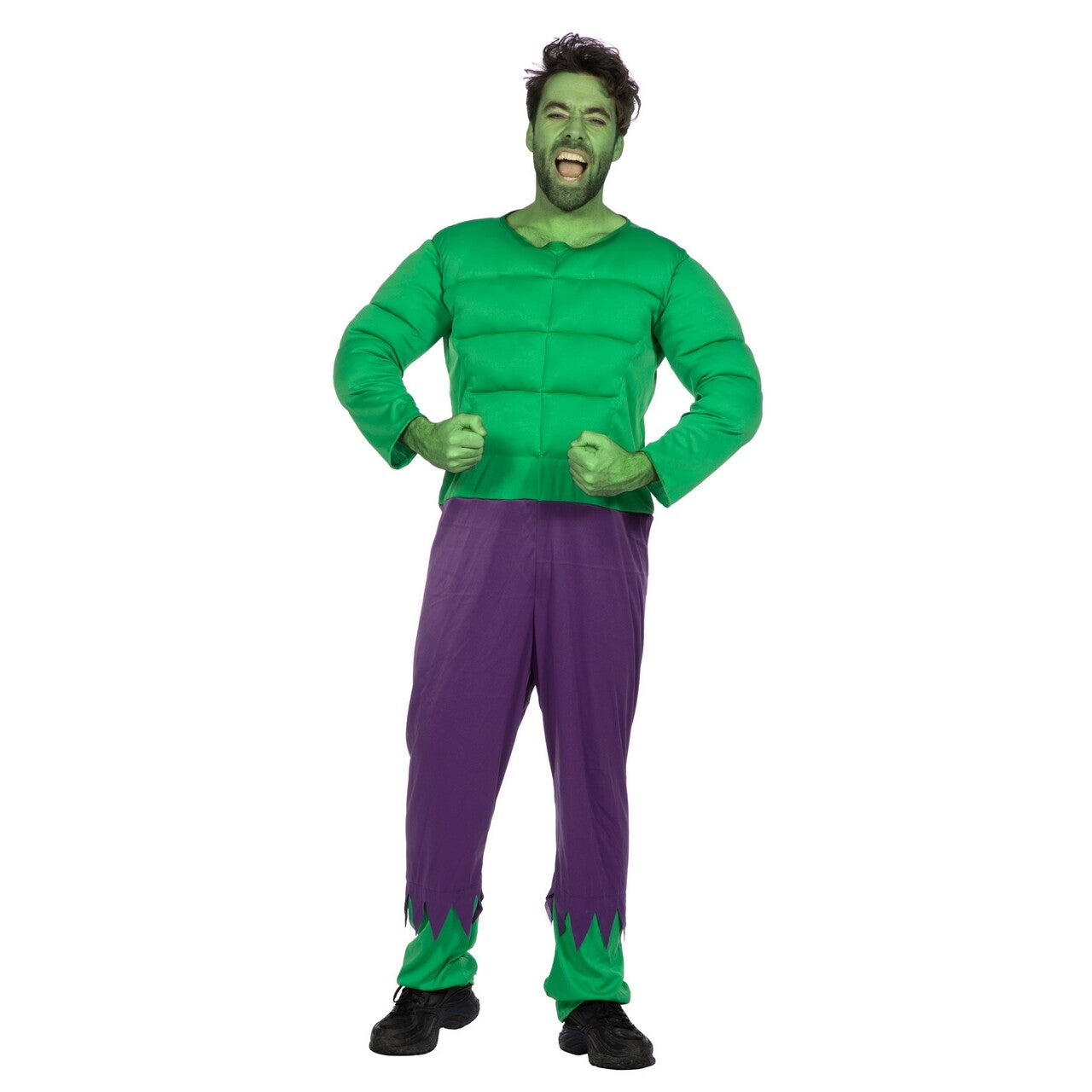 Op deze afbeelding zie je een Kostuums, van het merk Wilbers. The Big Green Hulk Man Kostuum