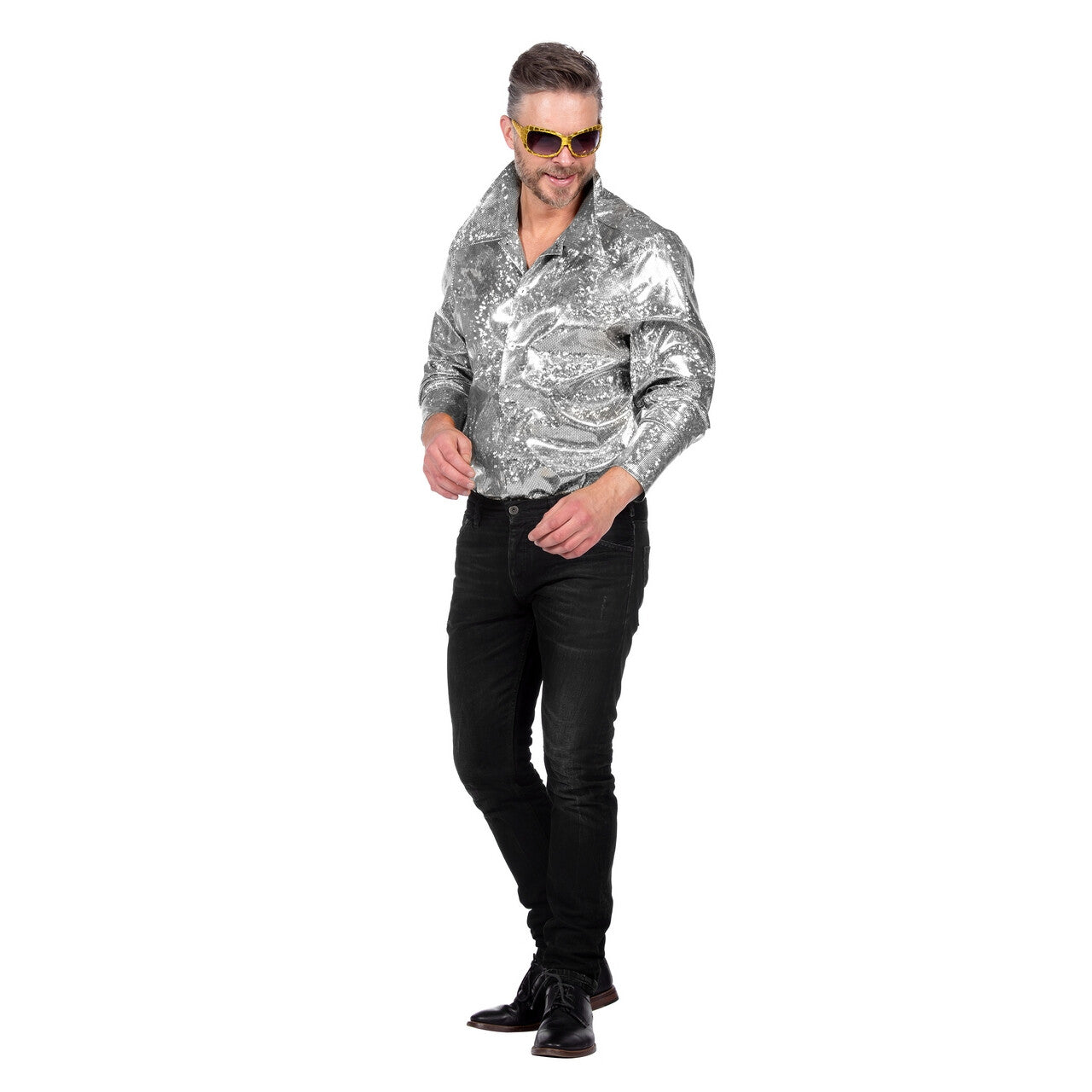 Op deze afbeelding zie je een Kostuums, van het merk Wilbers. Zilveren Shine Disco Overhemd Man