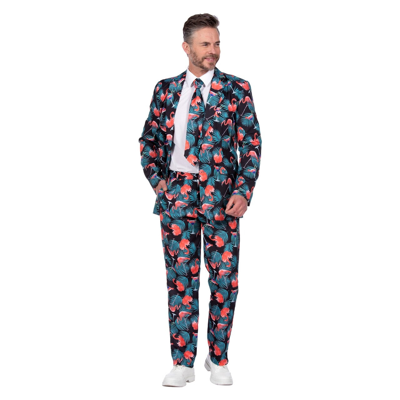 Op deze afbeelding zie je een Kostuums, van het merk Wilbers. Pak Flamingo Man Kostuum
