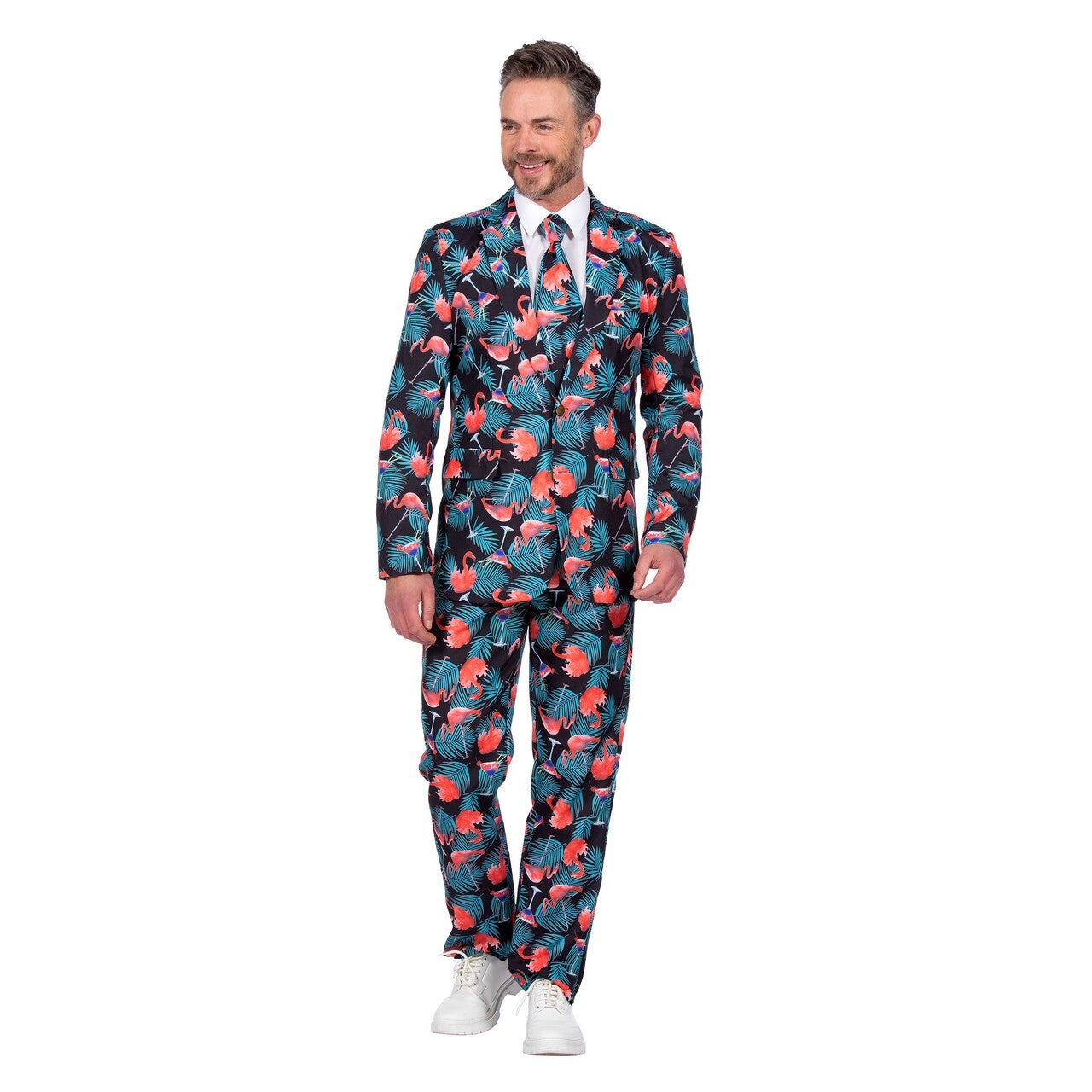 Op deze afbeelding zie je een Kostuums, van het merk Wilbers. Pak Flamingo Man Kostuum