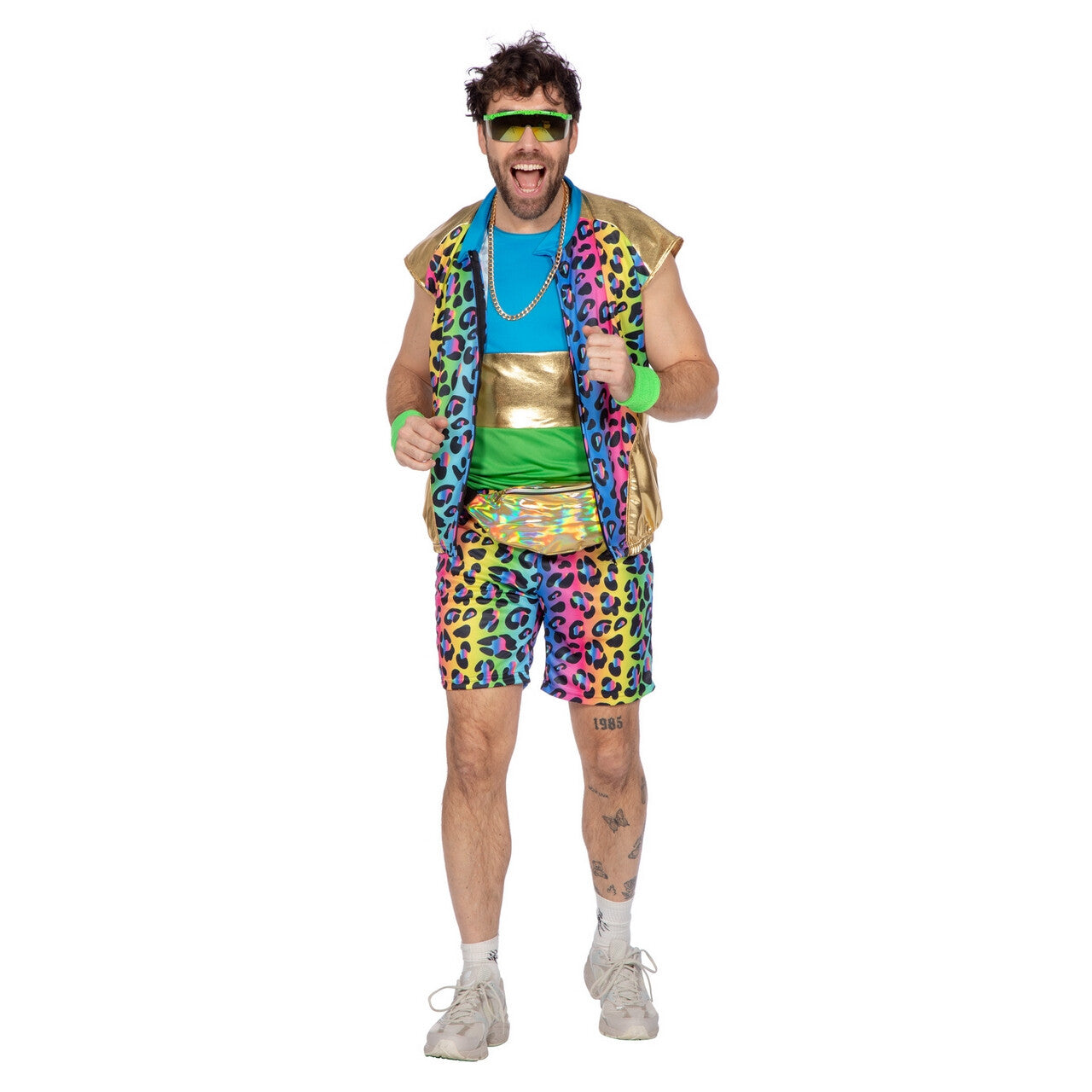 Op deze afbeelding zie je een Kostuums, van het merk Wilbers. Vrolijke Regenboog Luipaardprint Ferry Fout Man Kostuum