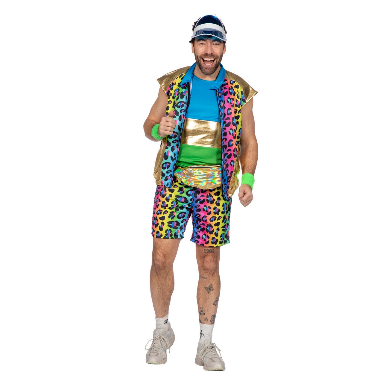 Op deze afbeelding zie je een Kostuums, van het merk Wilbers. Vrolijke Regenboog Luipaardprint Ferry Fout Man Kostuum