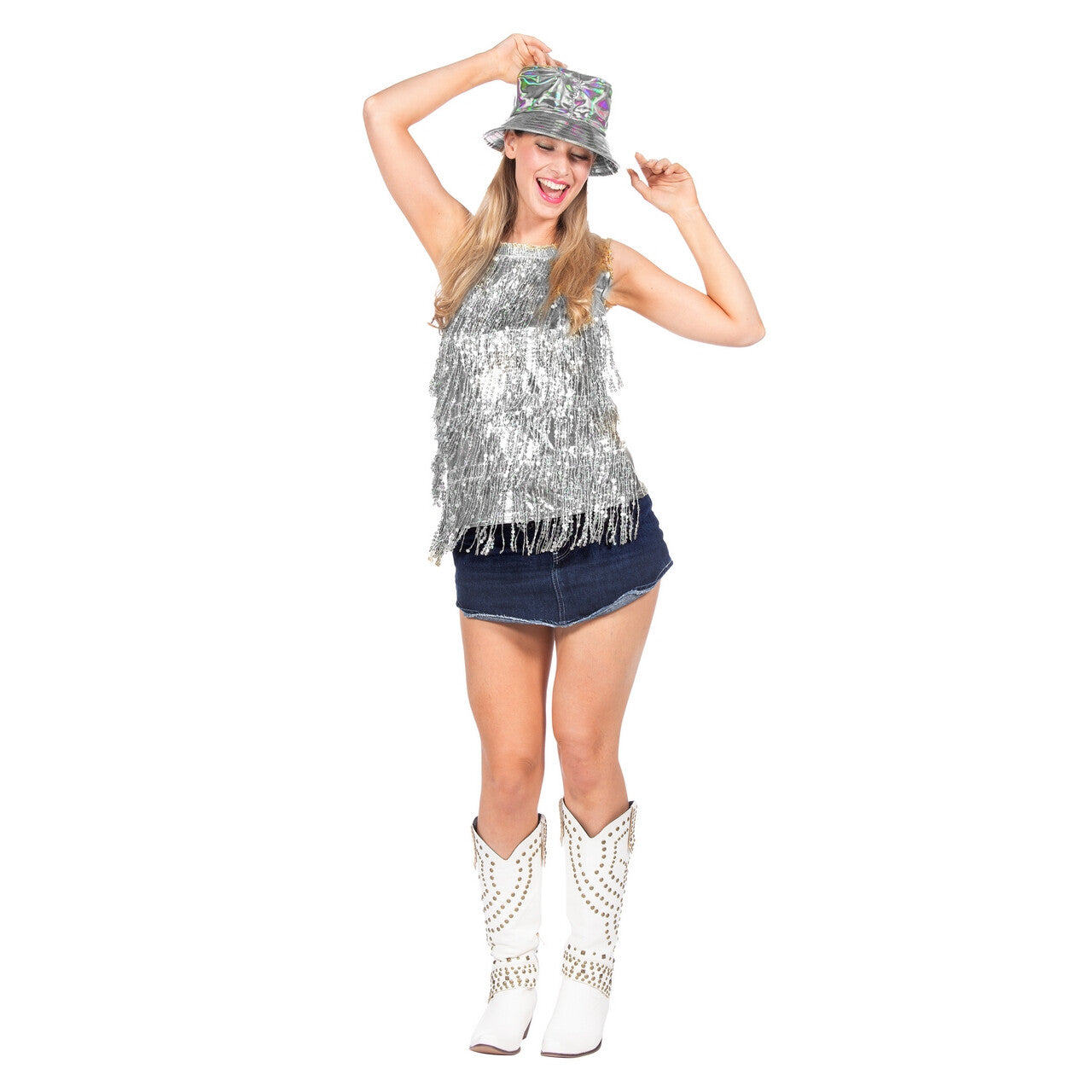 Op deze afbeelding zie je een Kostuums, van het merk Wilbers. Festival Franje Top Zilver Vrouw