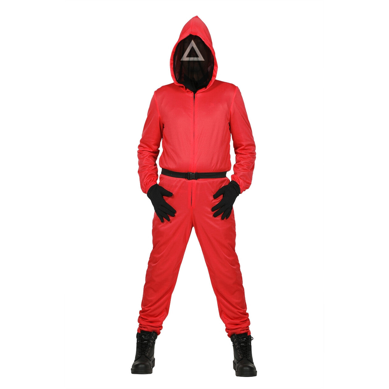 Op deze afbeelding zie je een Kostuums, van het merk Wilbers. Squid Game Manager Driehoek Triangle Rood Met Stoffen Masker Kostuum