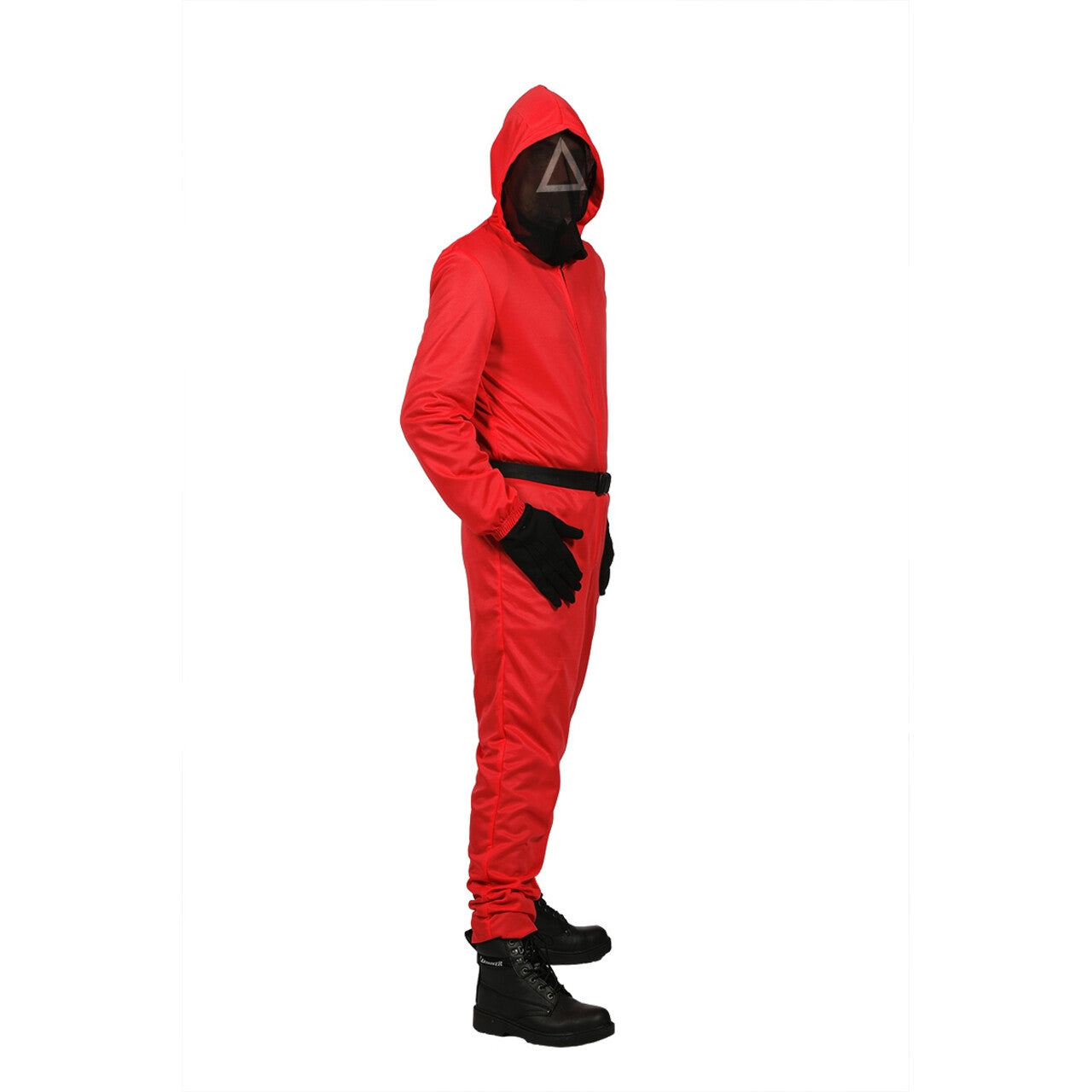 Op deze afbeelding zie je een Kostuums, van het merk Wilbers. Squid Game Manager Driehoek Triangle Rood Met Stoffen Masker Kostuum