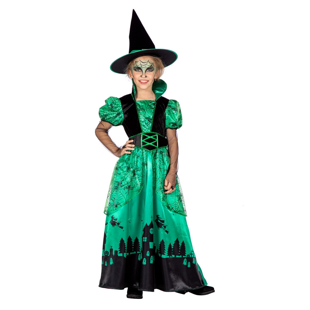 Op deze afbeelding zie je een Kostuums, van het merk Wilbers. Green Witch Spookhuis Heks Meisje Kostuum