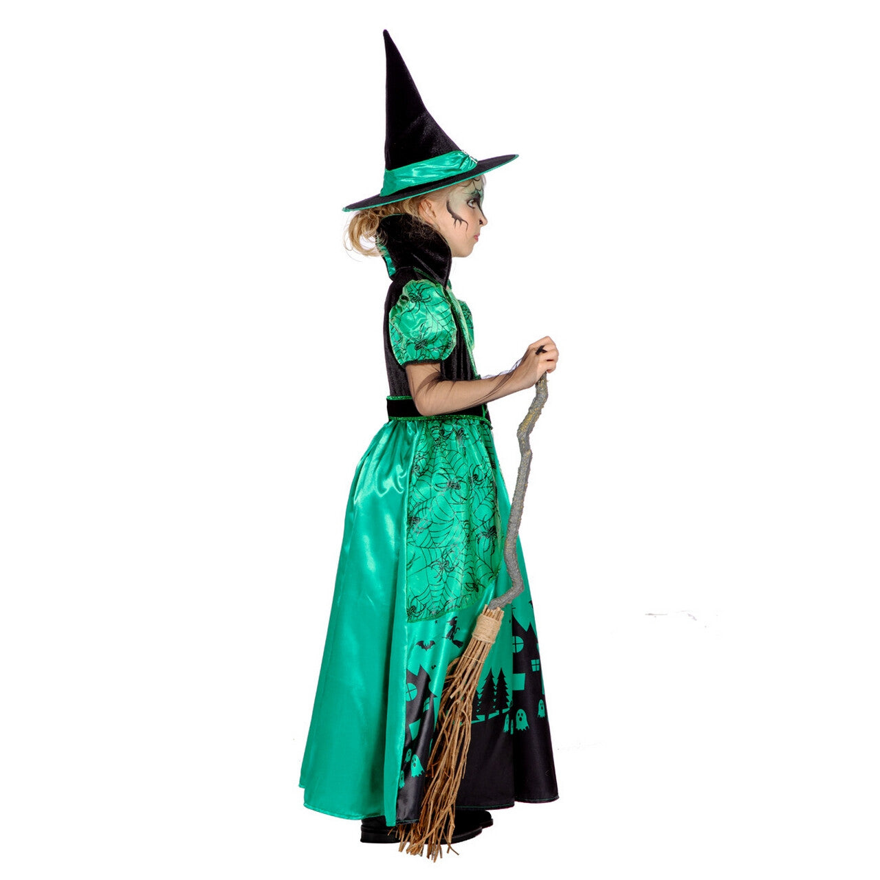 Op deze afbeelding zie je een Kostuums, van het merk Wilbers. Green Witch Spookhuis Heks Meisje Kostuum