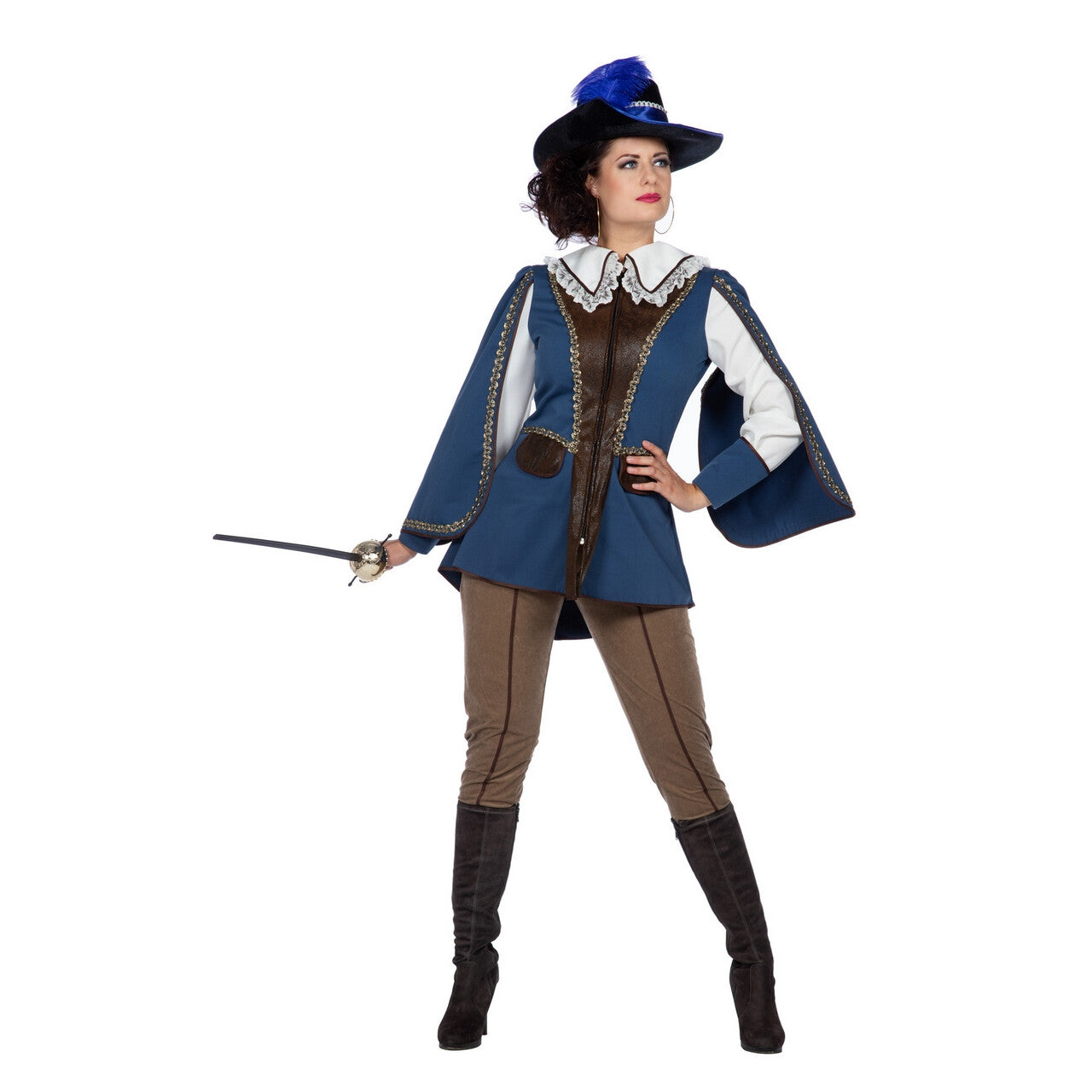 Op deze afbeelding zie je een Kostuums, van het merk Wilbers. Heldhaftige Musketier Blauw Vrouw Kostuum