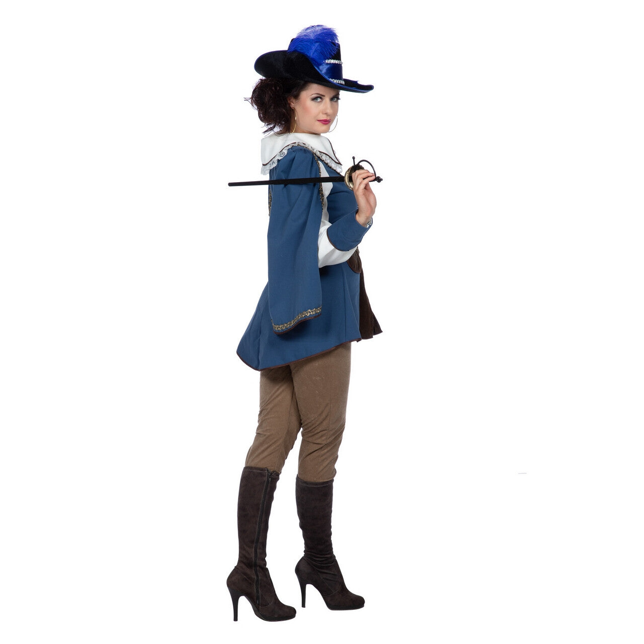 Op deze afbeelding zie je een Kostuums, van het merk Wilbers. Heldhaftige Musketier Blauw Vrouw Kostuum