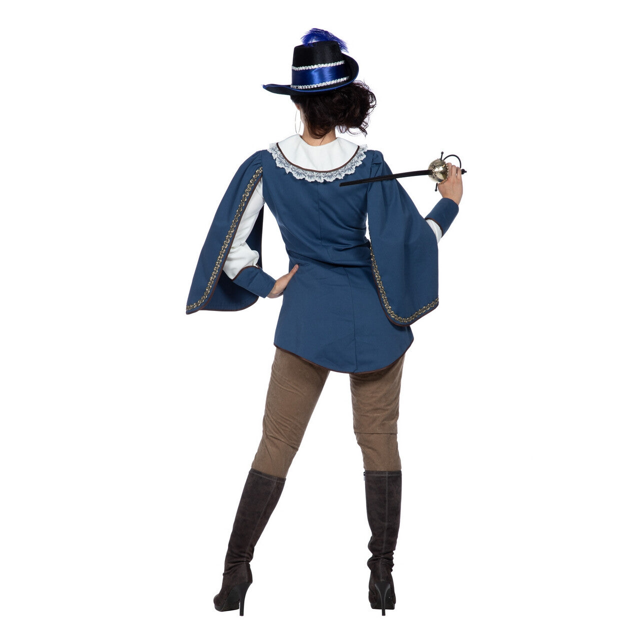 Op deze afbeelding zie je een Kostuums, van het merk Wilbers. Heldhaftige Musketier Blauw Vrouw Kostuum