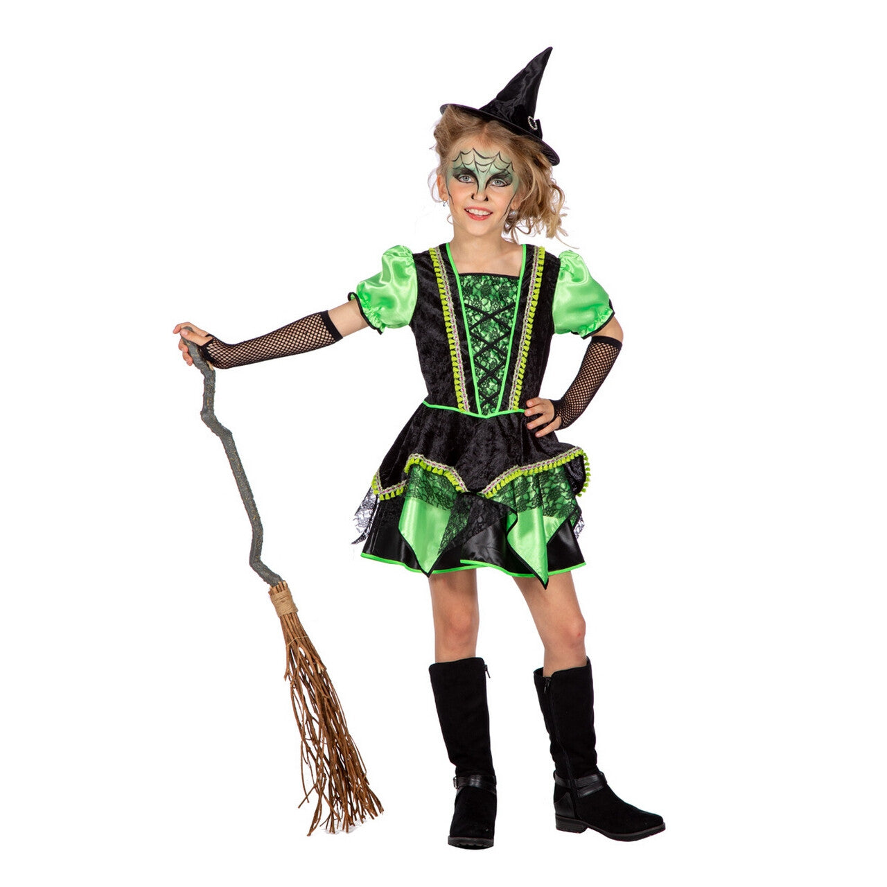 Op deze afbeelding zie je een Kostuums, van het merk Wilbers. Groene Heks Bosalina Meisje Kostuum