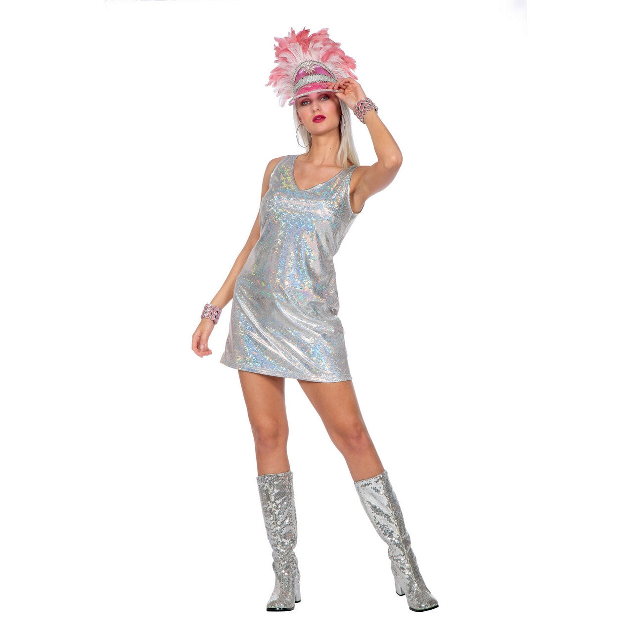 Op deze afbeelding zie je een Kostuums, van het merk Wilbers. Zilveren Bling Bling Jurk Vrouw
