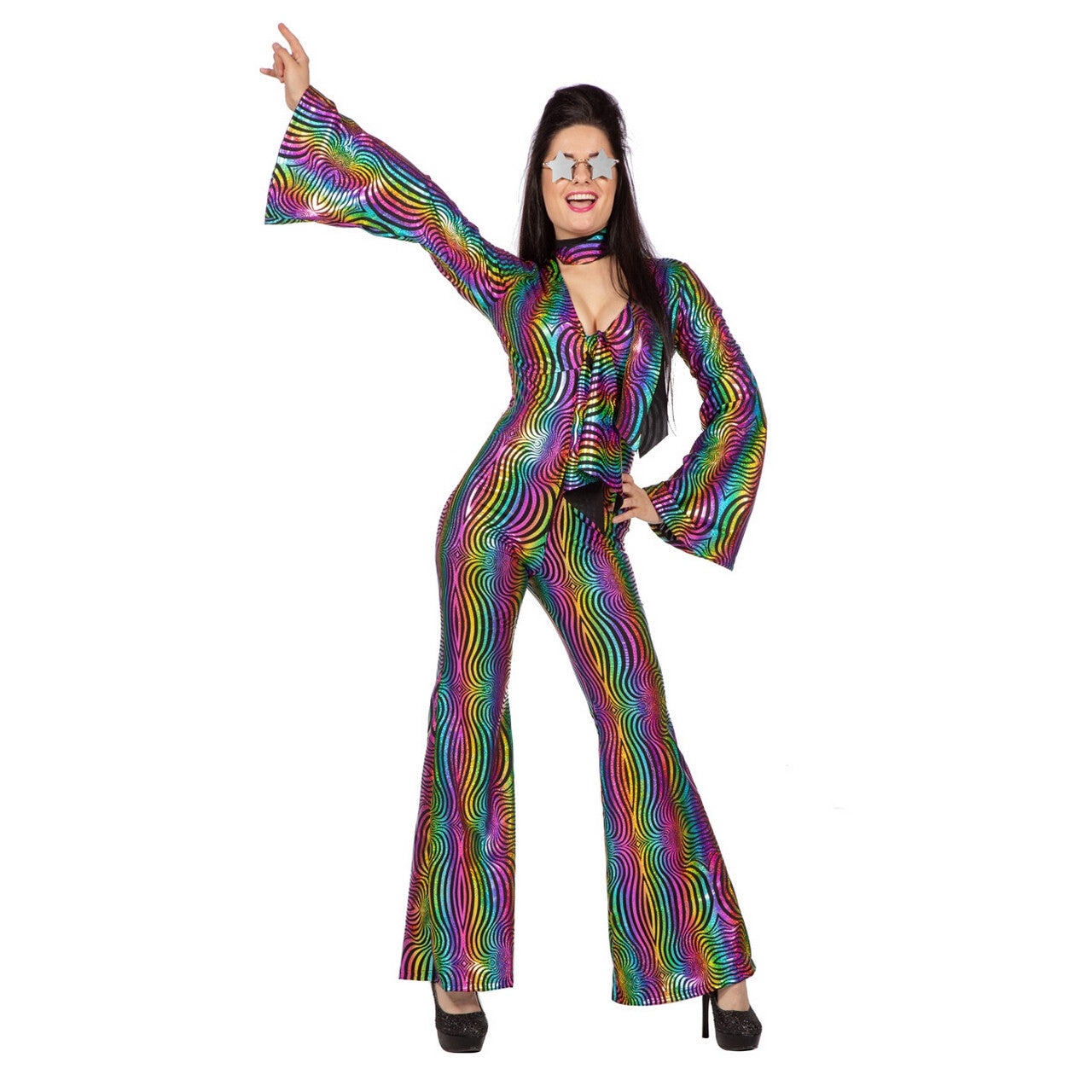 Op deze afbeelding zie je een Kostuums, van het merk Wilbers. Shiny Rainbow Jaren 80 Catsuit Vrouw Kostuum