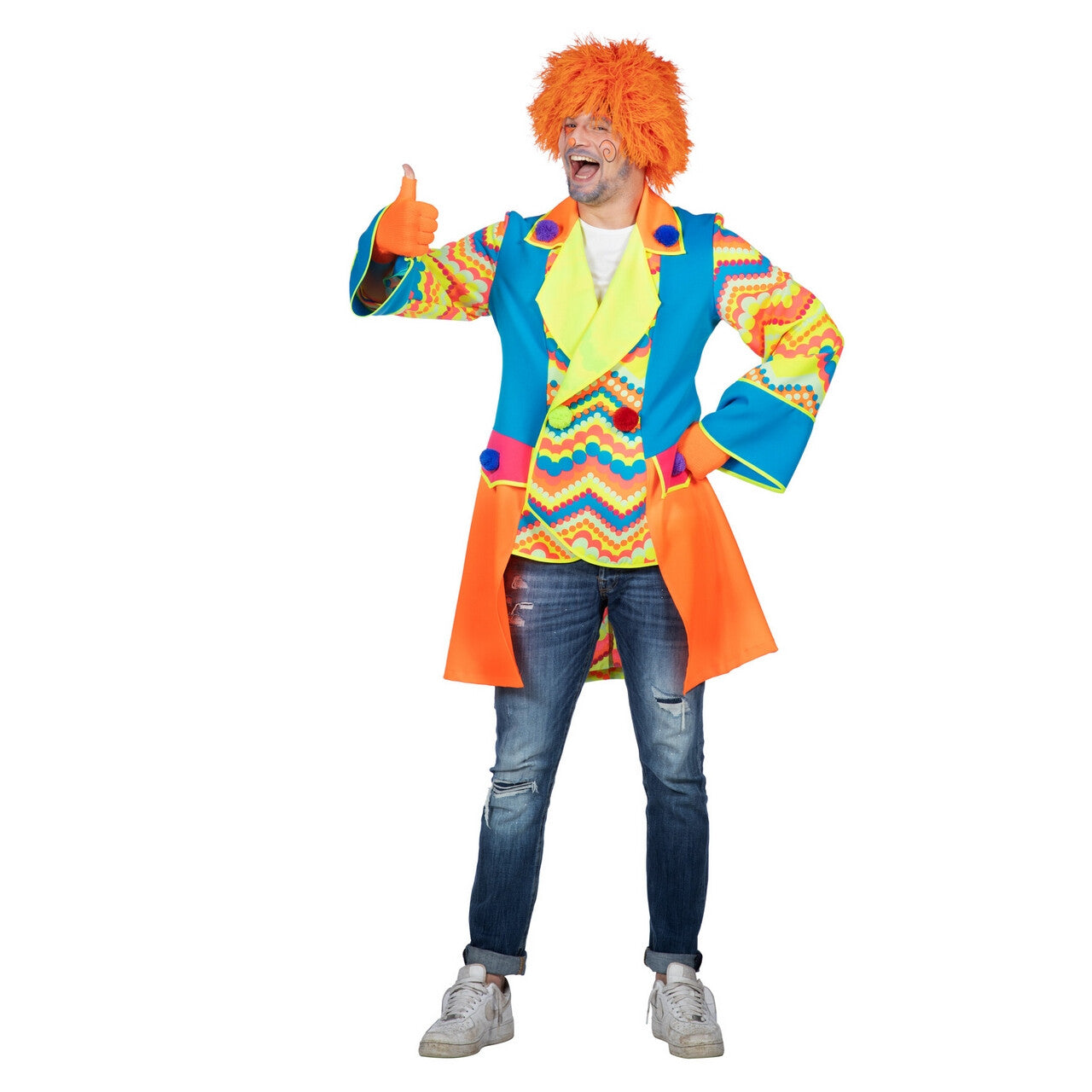Op deze afbeelding zie je een Kostuums, van het merk Wilbers. Enorm Grappige Kleurrijke Clown Thijs Man